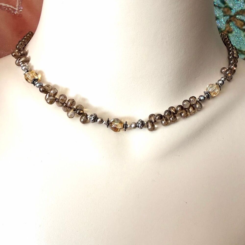 Sterling Silver Smoky Quartz Briolette & Citrine Beaded Necklace with Pearls